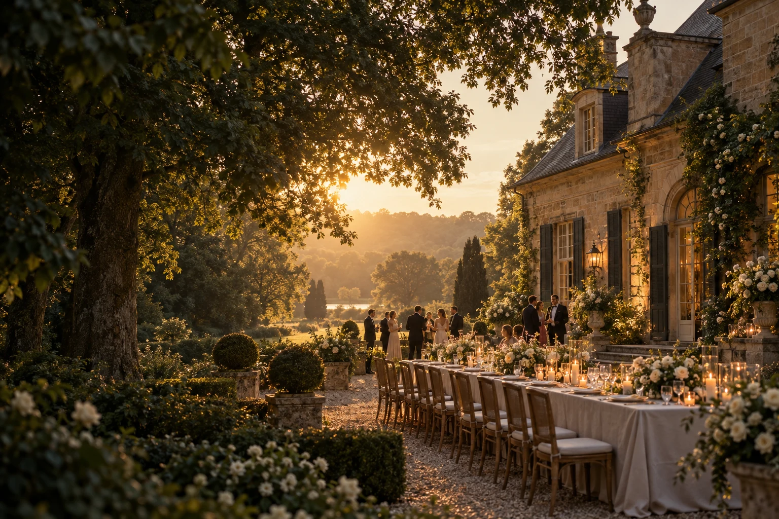 Een sfeervol landgoed met een feestelijk gedekte trouwtafel in een groene tuin